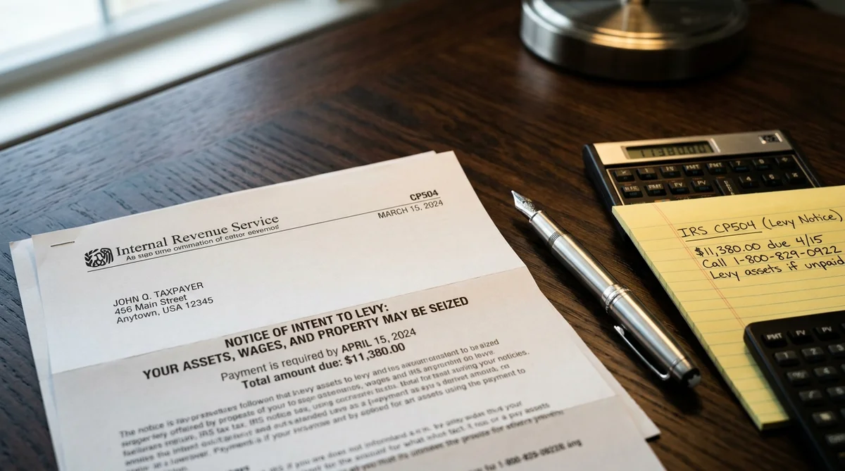 Official IRS CP504 Notice of Intent to Levy review with calculator and notepad