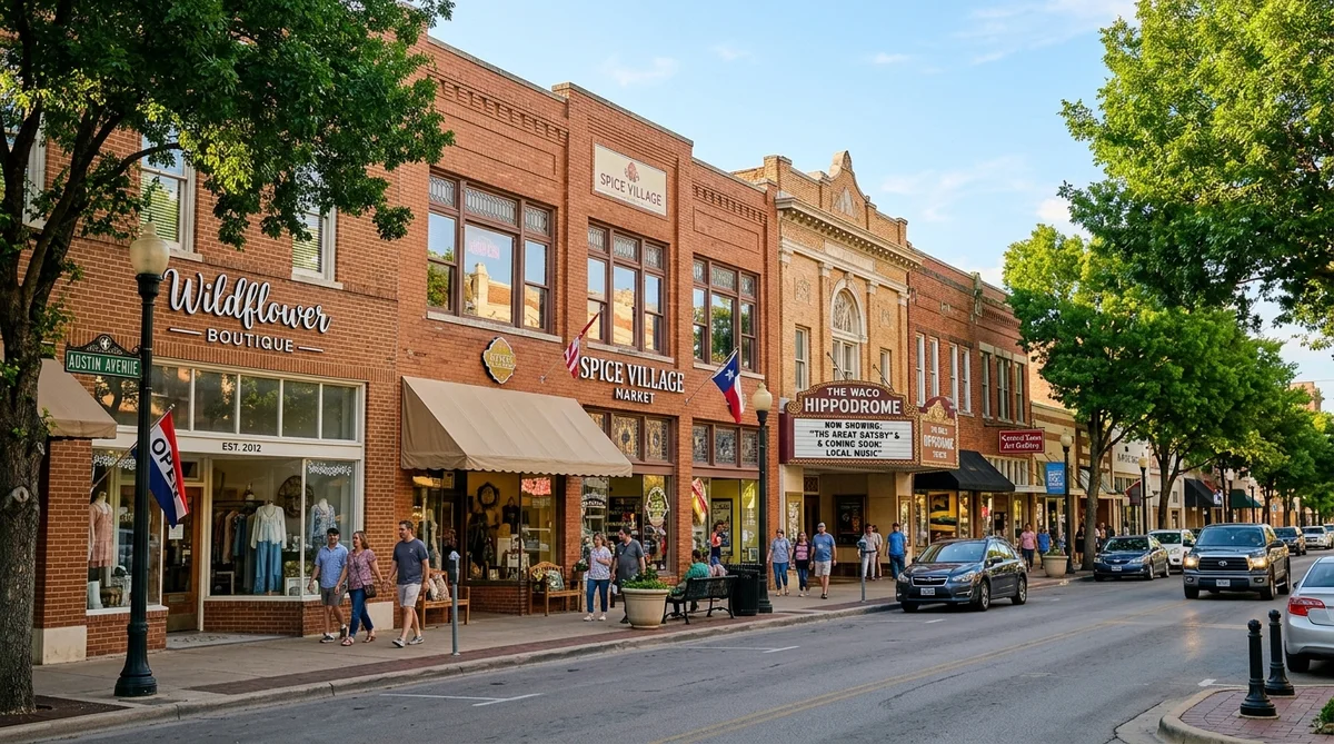 Local small business storefronts along Austin Avenue in downtown Waco Texas