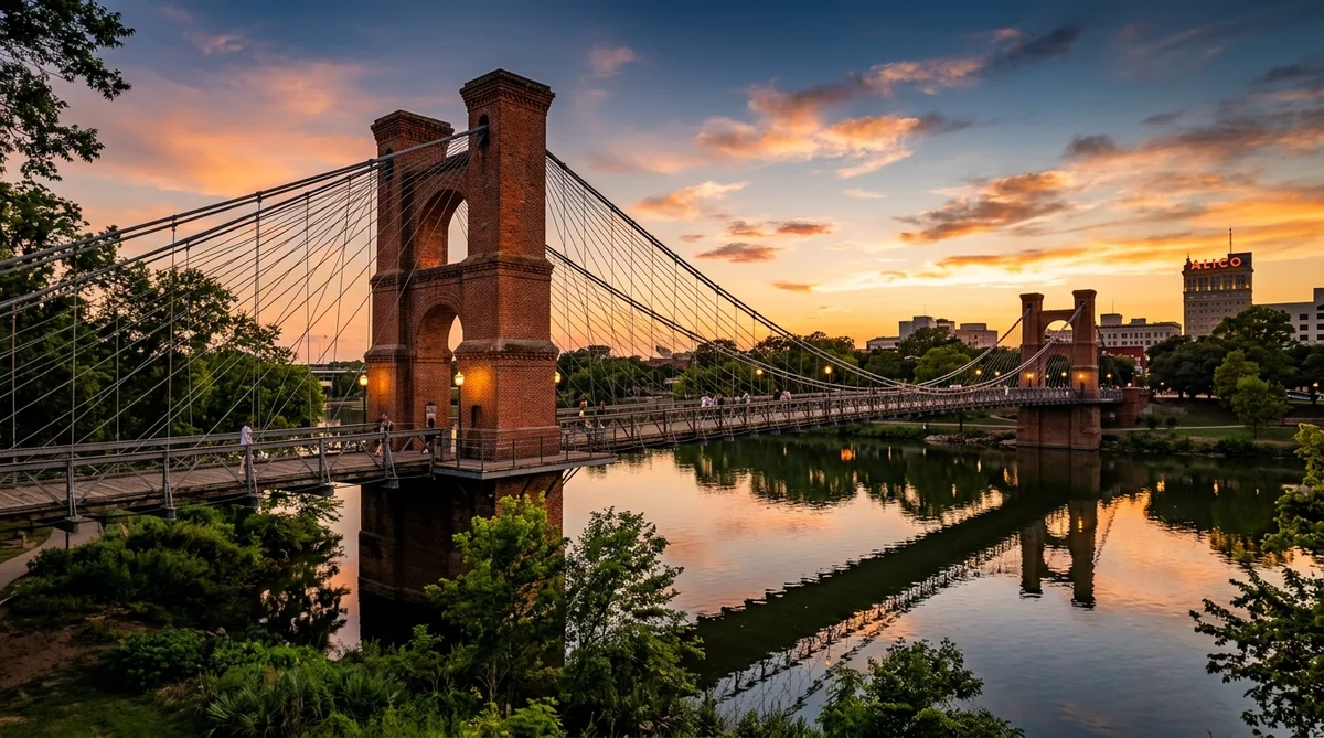 Historic Waco Suspension Bridge crossing the Brazos River in Waco, Texas